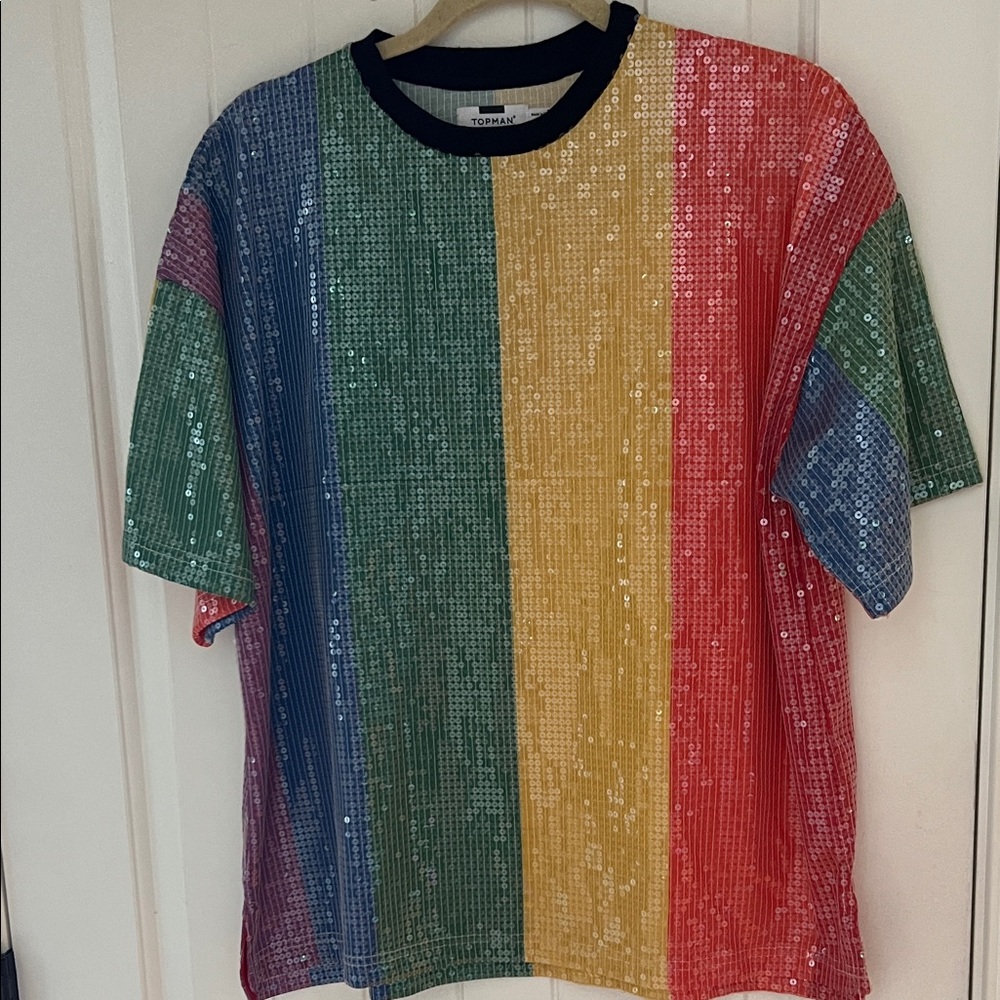 Topman Rainbow Colorful Sequin Striped Crew Neck Unisex Look Top